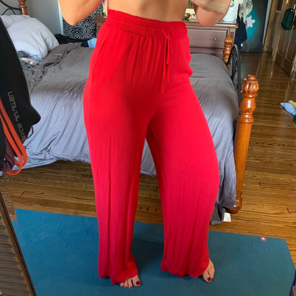 Bright Red Flowy Drawstring Waist Beach Pants